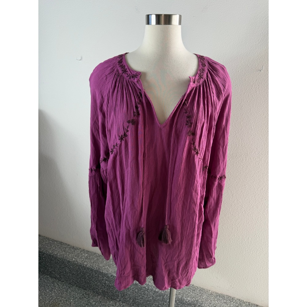 Knox Rose Womens Plus XXL Magenta Embroidered Boho Peasant Blouse Tassel V Neck